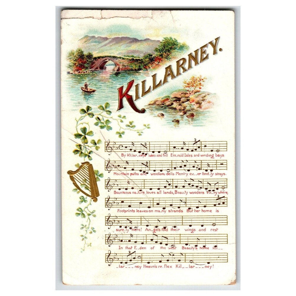1908 Killarney Ireland Postcard w/ Music & Harp, Tacoma WA Postmark